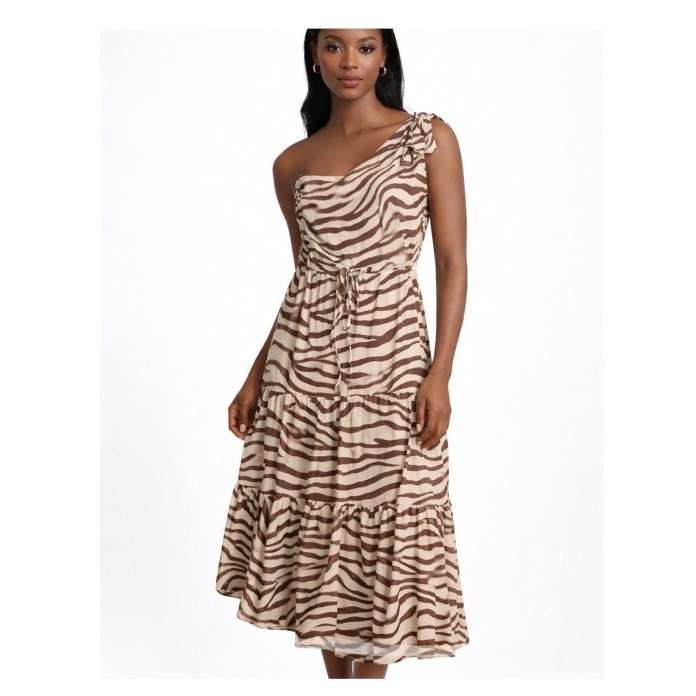 WHITE CLOSET ELEMENTS Dress Linen Zebra Print One Shoulder Tiered Midi Blend NWT